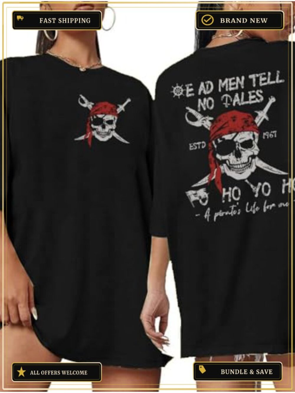 Oversized Pirate Shirt Skeleton Skull Graphic Tee Women